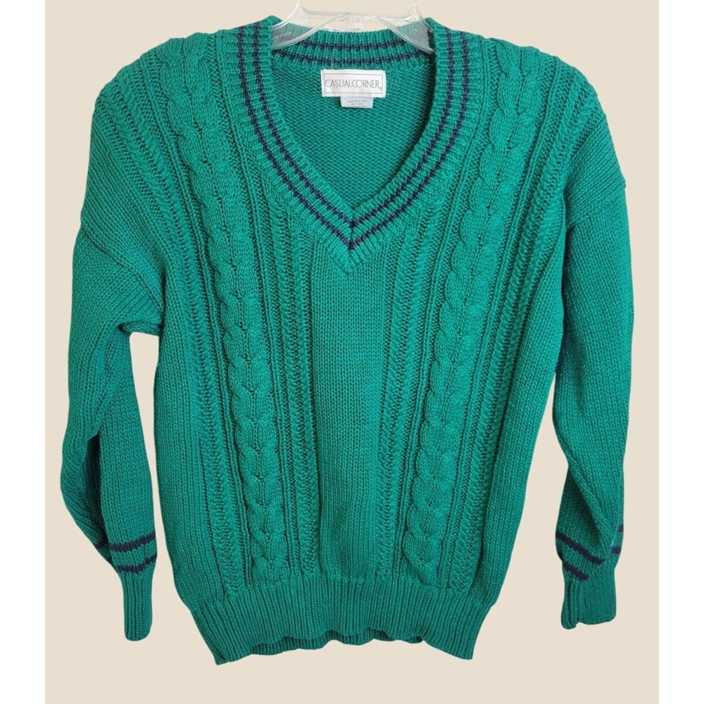 Casual Corner Sweater Vintage Cable Knit Preppy V-Neck Ramie Cotton Blend Green